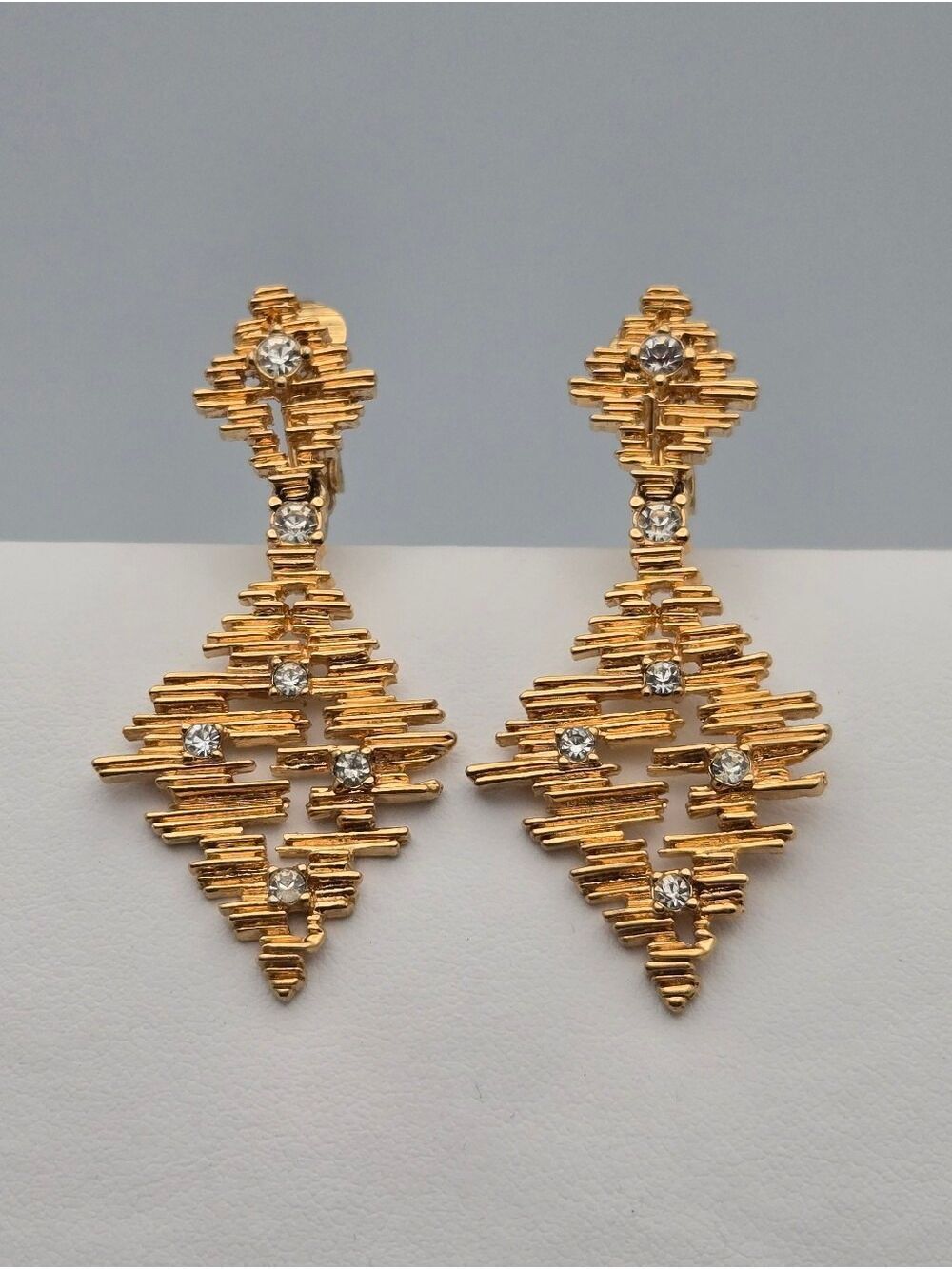 Vintage D’Orlan Modernist Statement Earrings Gold Tone Crystal Signed 2”